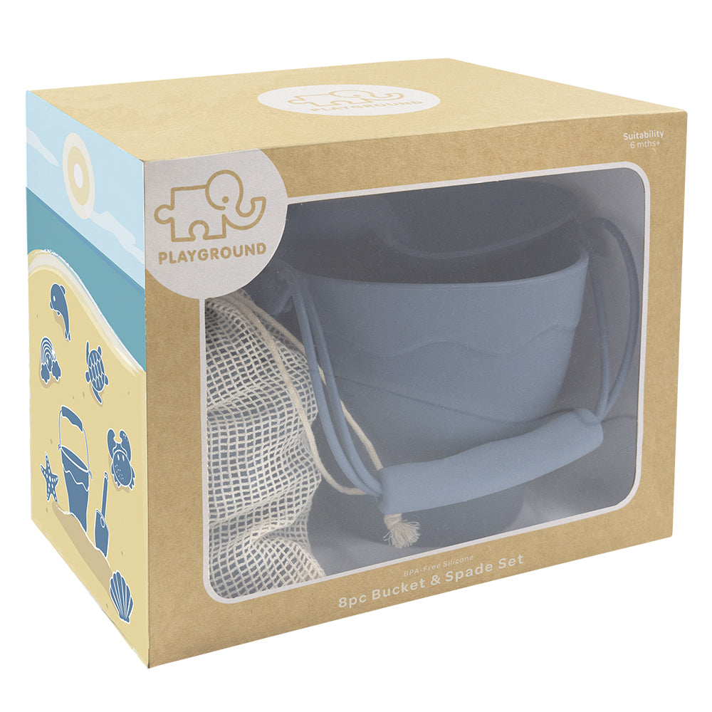 PLAYGROUND - 8 PCE BUCKET & SPADE SET - STEELE BLUE