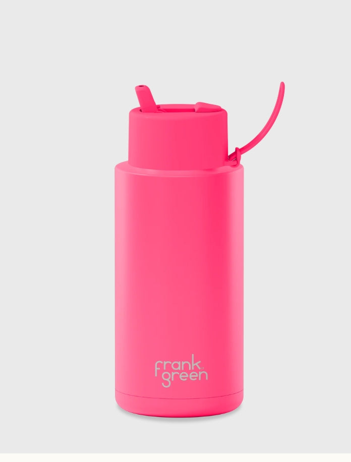 FRANK GREEN 1L CERAMIC DRINK BOTTLE WITH STRAW - NEON PINK