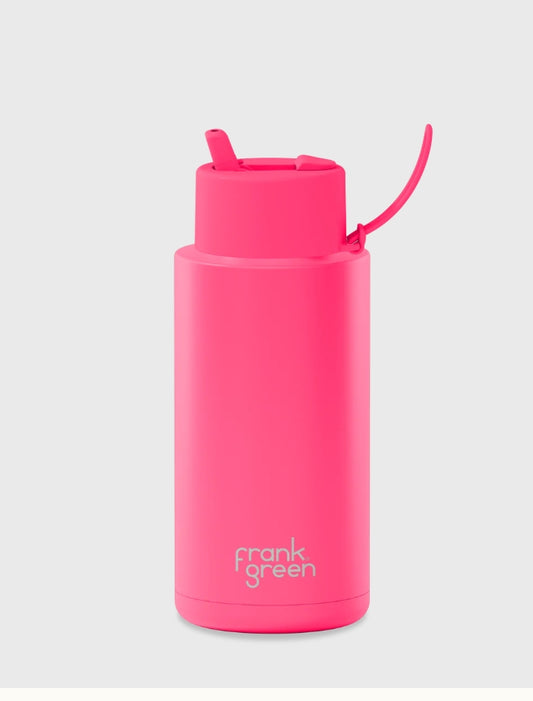 FRANK GREEN 1L CERAMIC DRINK BOTTLE WITH STRAW - NEON PINK