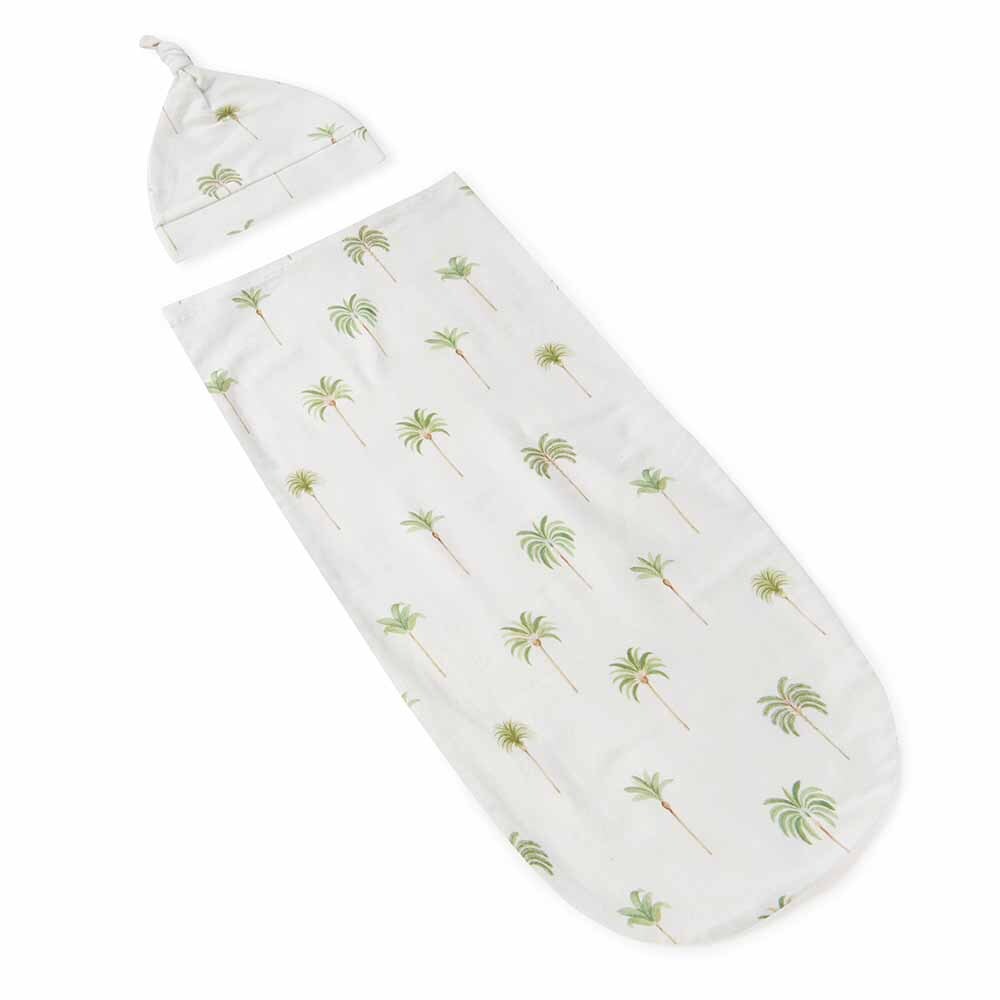 SNUGGLE HUNNY - SWADDLE & TOPKNOT SET - GREEN PALM