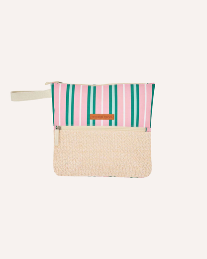 ANNABEL TRENDS - DOUBLE ZIP BEACH POUCH - PINK GREEN STRIPE