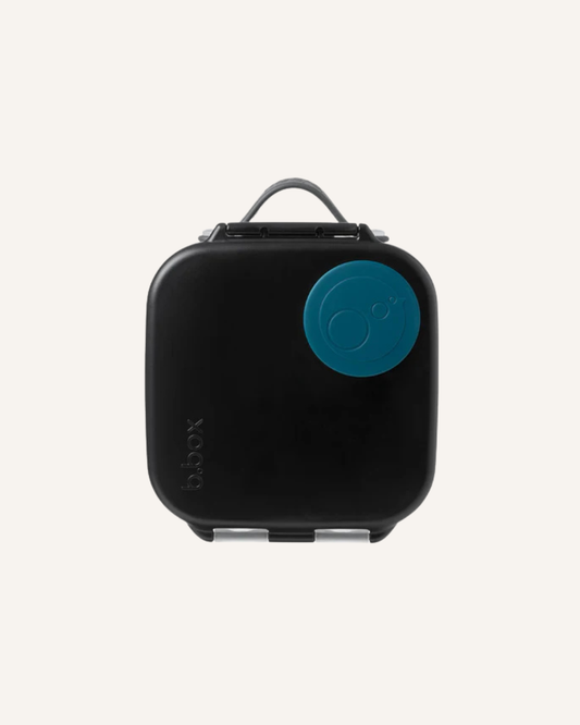 Black carrying case with a blue circular label on a white background