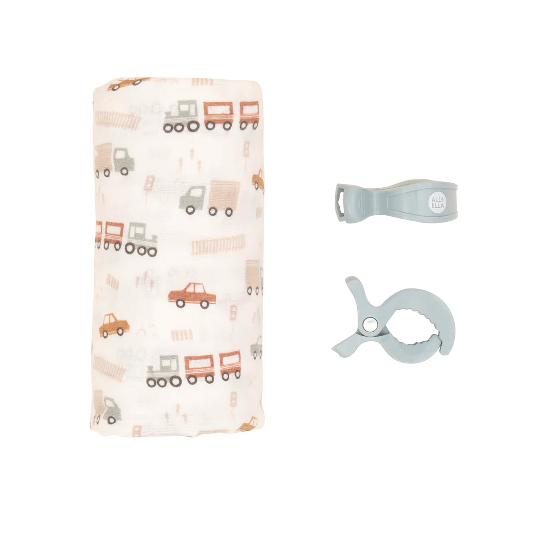 ALL 4 ELLA - MUSLIN WRAP & 2 PRAM PEGS - TRUCKS