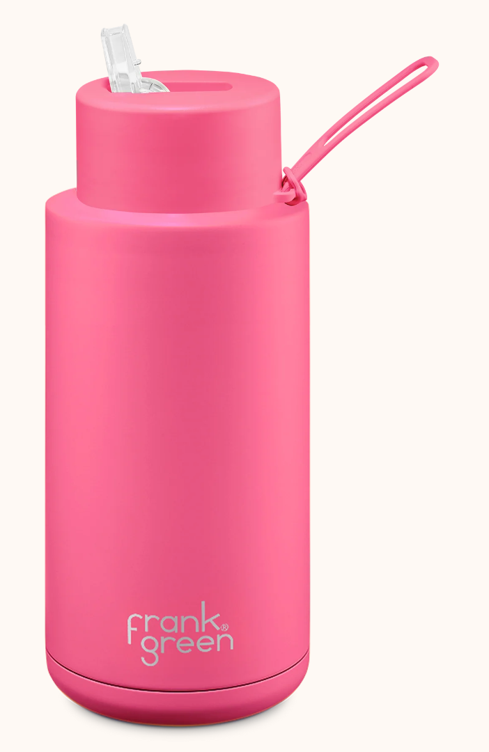 FRANK GREEN 1L CERAMIC DRINK BOTTLE WITH STRAW - NEON PINK