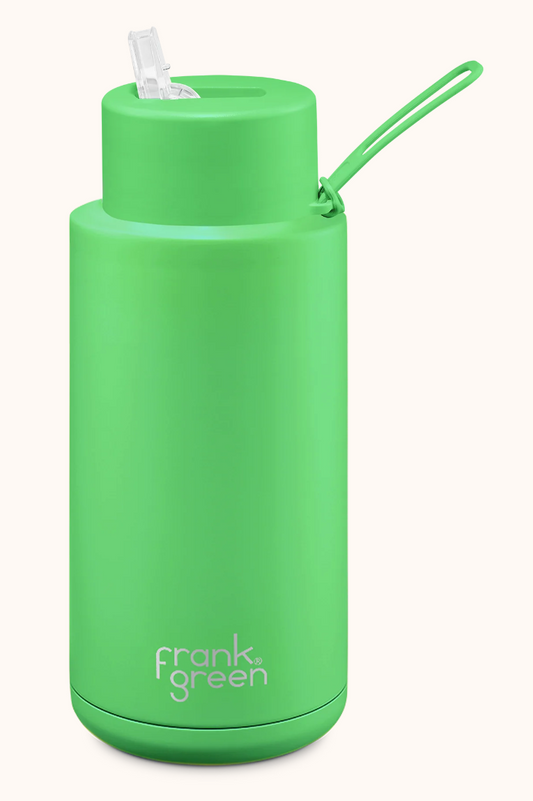 FRANK GREEN 1L CERAMIC DRINK BOTTLE WITH STRAW - NEON GREEN