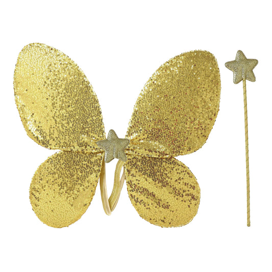 FESTIVE PINK POPPY - GOLD SEQUIN WINGS AND GLITTER STAR WAND SET