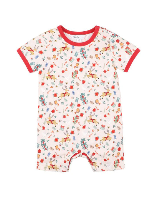 BEBE FESTIVE PRINTSHORT SLEEVE ROMPER