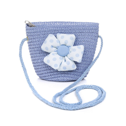 KID'S FLOWER STRAW BAG - BLUE