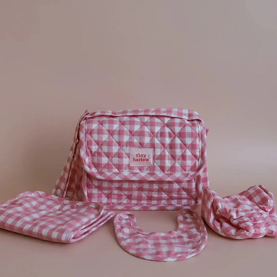 TINY HARLOW - NAPPY BAG SET - PINK GINGHAM