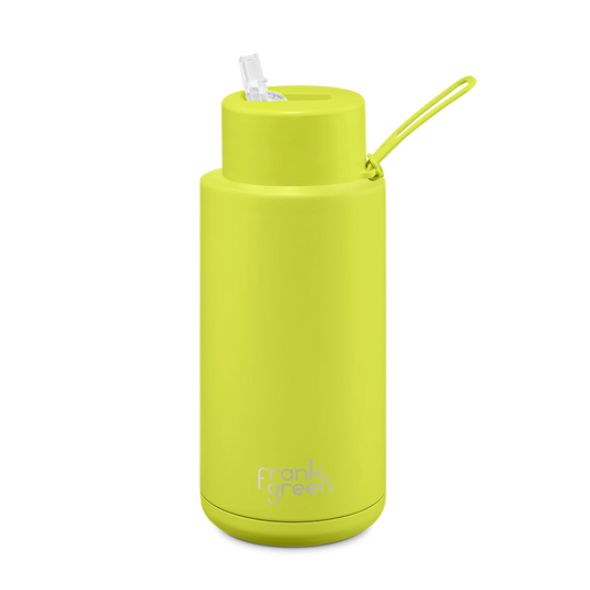 FRANK GREEN 1L CERAMIC DRINK BOTTLE WITH STRAW - NEON YELLOW